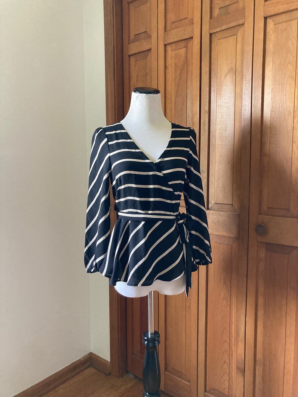 LOFT Sheer Striped Wrap Blouse, Size XXSP